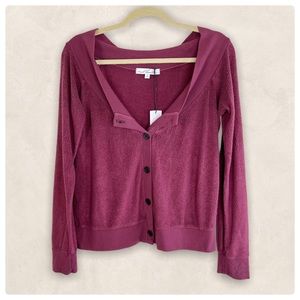 Red Haute Revolve Luxury Loungewear Terry Button Down Slouchy Cardigan in Wine S